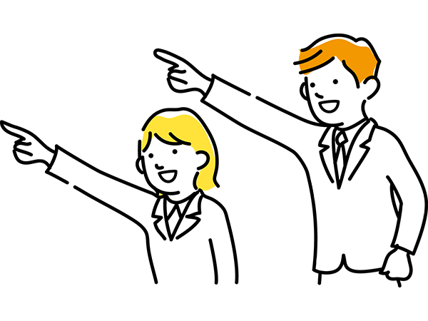 未来に向けて指を指す若い男女の従業員