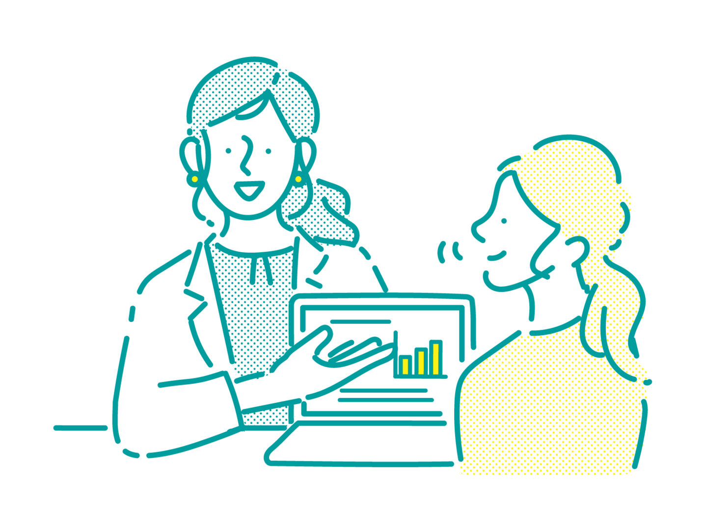 パソコンを前に説明する女性スタッフ